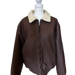 Brown Faux Leather Bomber Jacket with Sherpa Collar